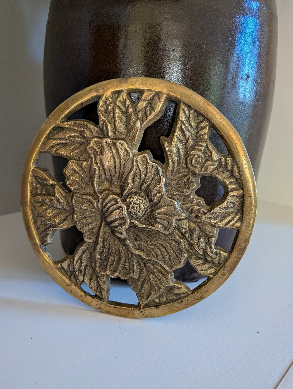 Vintage Decorative Brass Gold Tone Decorative Floral Flower Trivet Decor Piece